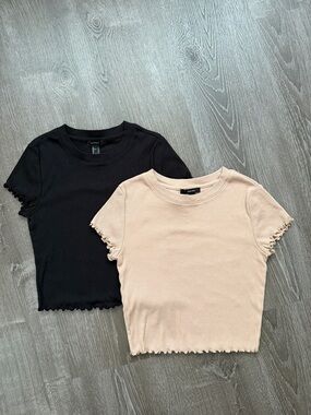 Forever 21 Ribbed Lettuce-Edge Crop Tees - Black & Beige